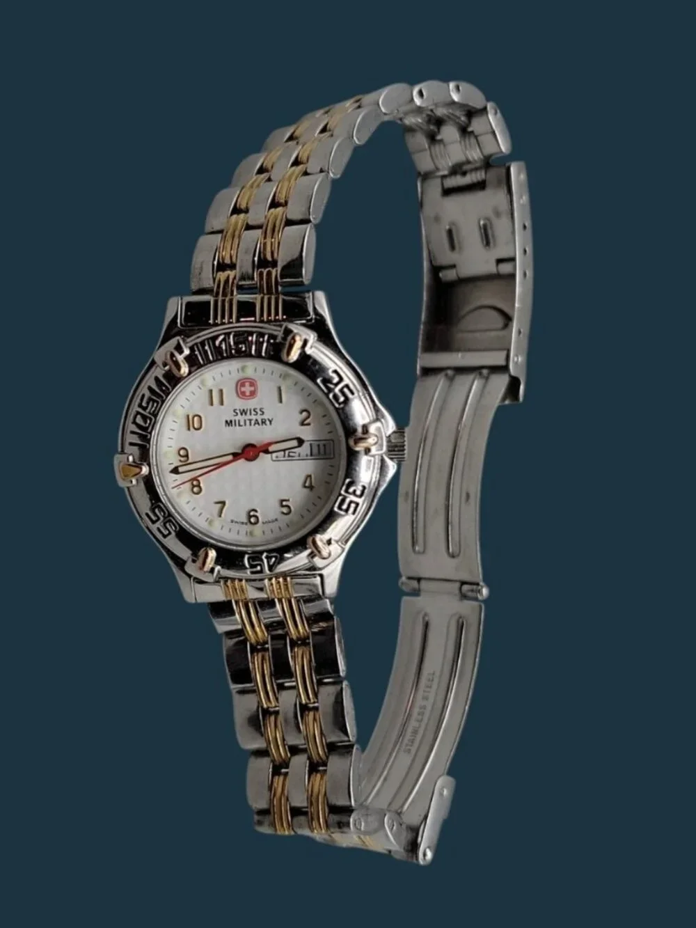 Vtg Wenger Swiss Military Ladies Watch Two Tone Day Date 29mm White Dial 6.25